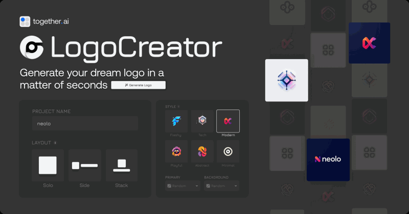 Logo Creator:免费的在线 Logo 生成工具,只需输入公司名称,选择风格和背景,就能快速生成各类风格的 Logo
