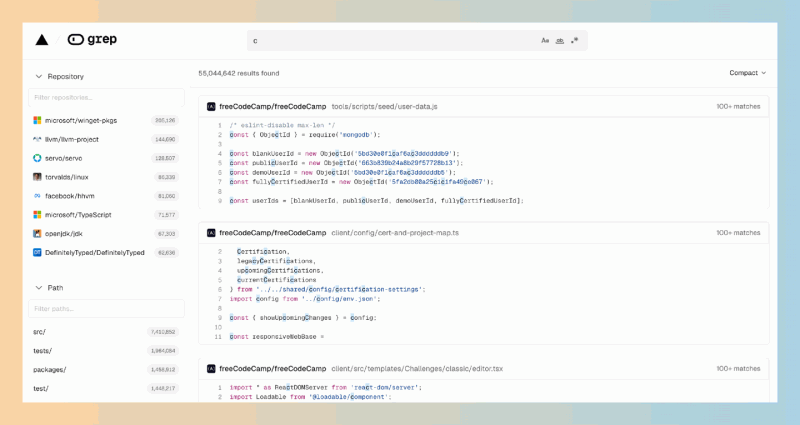 Grep：Vercel推出的超级代码搜索工具，超过50万个公共Git代码库，快速找到所需代码示例，简直是开发者的福音！