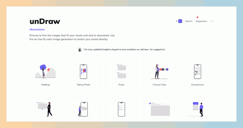 unDraw:专注于原创插画的在线图库,提供大量免费的矢量插画,可以一键改变插画的主色调