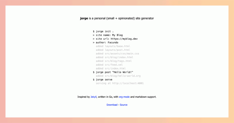 Jorge:轻量级个人站点生成器,将 Org-mode 或 Markdown 文件转化为 HTML 静态页面